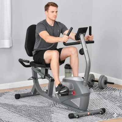 HOMCOM Bicicleta Estática con Respaldo, 8 Niveles Resistencia Magnética, Bicicleta Estática para Casa, con Volante, Asiento Ajustable, Monitor LCD, Pulsómetro, Soporte de Teléfono y Ruedas, Gris