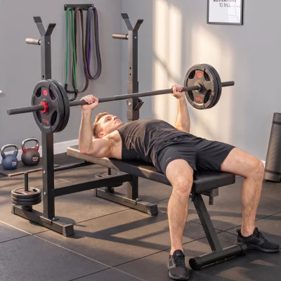 HOMCOM Banco de Musculación con Soporte para Barra y Estación de Dips Carga 220 kg para Entrenamiento en Casa Gimnasio