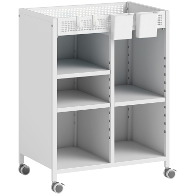HOMCOM Bücherregal auf Rollen, 4-stufig, verstellbare Regalböden & Hängekörbe für Home Office und Wohnzimmer, Weiß