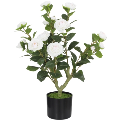 HOMCOM Planta Artificial de Camelia 65cm Árbol Artificial en Maceta con Flores de Seda Realistas 116 Hojas Efecto Musgo Blanco
