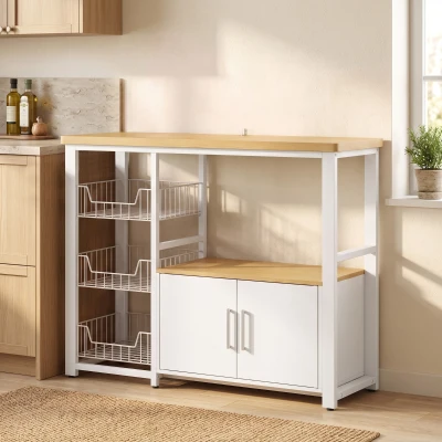 HOMCOM Etajeră de depozitare pentru bucătărie cu coșuri glisante și dulap, suport pentru cuptor cu microunde, 100 x 35 x 80 cm, alb