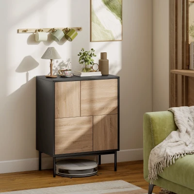 HOMCOM Sideboard mit Push-to-Open Türen, Esszimmerschrank mit Metallbeinen, Küchenschrank, MDF, Schwarz+Naturholz