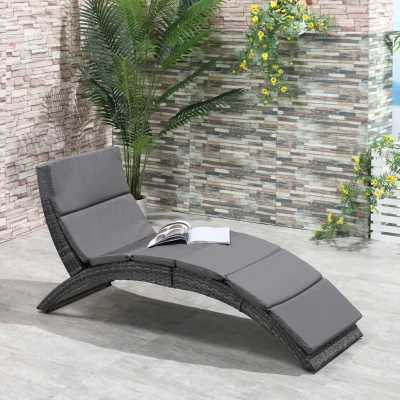 Outsunny Foldable Rattan Sun Lounger Grey with Cushion