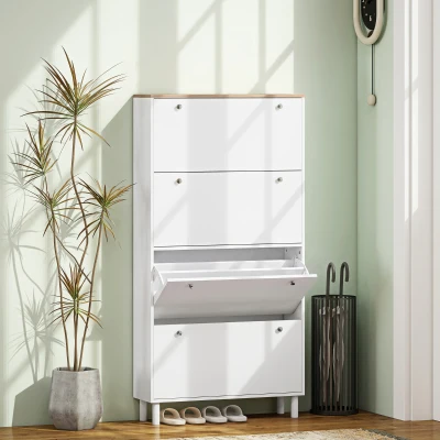 HOMCOM Dulap pentru Pantofi 32 Perechi cu 4 Sertare Rabatabile, Rafturi Reglabile, Modern, 80 x 23,5 x 157 cm, Alb
