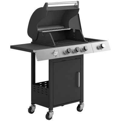 Outsunny Gasgrill 10,5 KW 3+1 Brenner BBQ Grillwagen Edelstahl inkl Seitenbrenner Flaschenöffner Thermometer Gusseisen-Grillrost