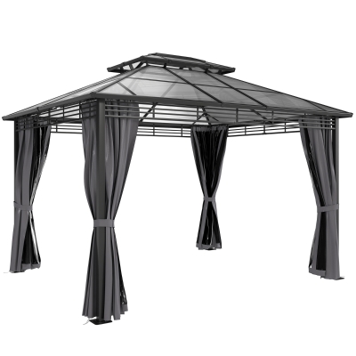 Outsunny Gartenpavillon ca. 3,6x3m Aluminium Pavillon mit 6 mm Polycarbonat-Doppeldach Moskitonetz 4 Seitenteile Dunkelgrau