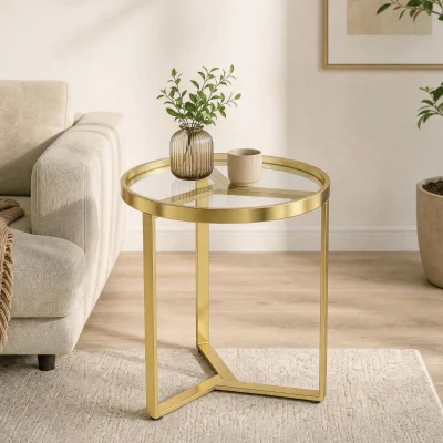 HOMCOM Round Side Table Tempered Glass Metal Frame Gold