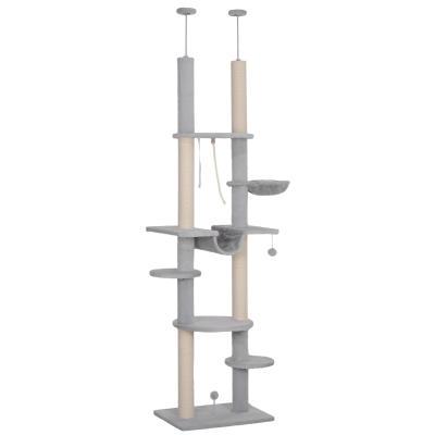 PawHut Árbol para Gatos de Suelo a Techo 225-255 cm con Hamacas Plataformas Juguete de Cuerda Bola de Juguete Gris