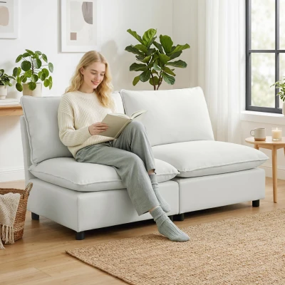 HOMCOM 2-Sitzer-Sofa, 146 cm Kunstleder-Modularsofa mit breiter und tiefer Sitzfläche, dicken Kissen, einfache Montage, Grau