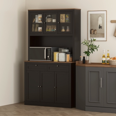 HOMCOM Alacena de Cocina con 3 Puertas de Vidrio Compartimento Abierto 2 Cajones y Estantes Ajustables 100x40x180 cm Negro