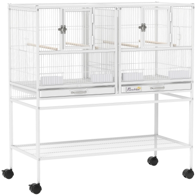 PawHut Jaula para Pájaros Grande con Divisor Ruedas 4 Comederos 4 Perchas Estante 2 Bandejas Extraíbles 95x45,5x102 cm Blanco