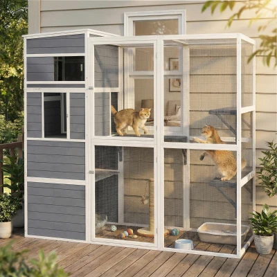 PawHut 4-Tier Wooden Catio with Sun Roof Grey