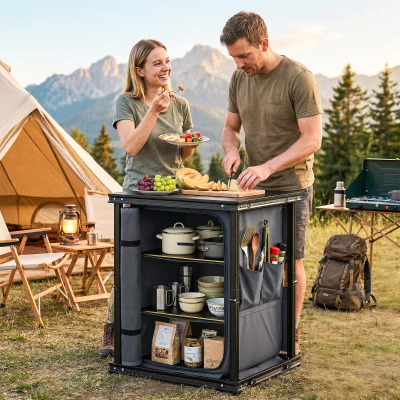 Outsunny Portable Camping Kitchen Table with Storage Black