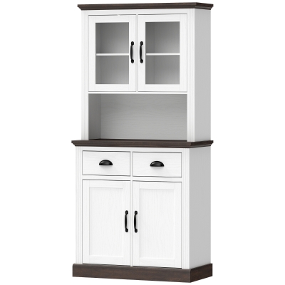HOMCOM Dulap de bucătărie înalt cu uși din sticlă 2 sertare rafturi reglabile compartiment deschis 80x38x170 cm Alb