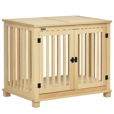 PawHut Wooden Dog Crate with Cushion & Double Doors - Natural