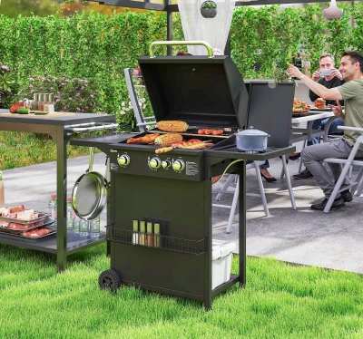 Outsunny Barbacoa de Gas con 3 Quemadores Parrilla para 5-9 Personas Quemador Lateral Termómetro y Ruedas 123x58x98 cm Negro