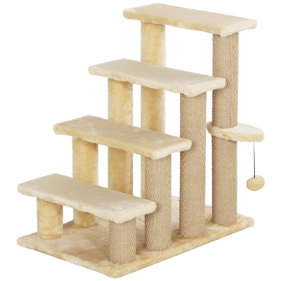 PawHut 4-Step Pet Stairs with Scratching Posts Beige