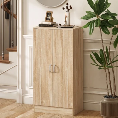 HOMCOM Schuhschrank mit 2 Türen, 6 verstellbare Regalböden, Soft-Close-Scharniere für 14 Paar Schuhe, Naturholz