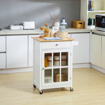 HOMCOM Küchenwagen Küchenrollwagen Servierwagen mit Räder Schublade Weinablage MDF Gummiholz Weiß+Eiche 67 x 48 x 86,5 cm