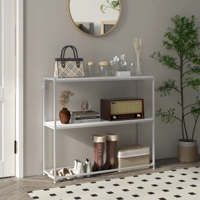 HOMCOM Mesa de Entrada con Estante Abierto y Estructura de Acero Antivuelco para Salón Pasillo 100x30x87 cm Blanco