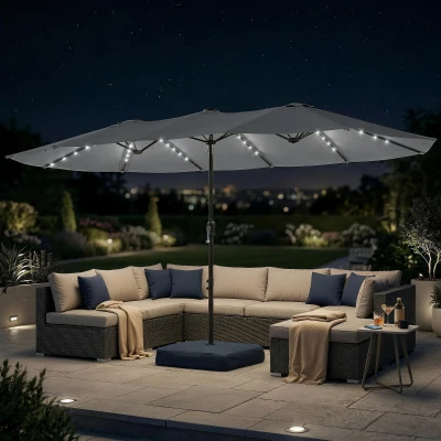 Outsunny Double-Sided Patio Umbrella with Solar Lights Grey