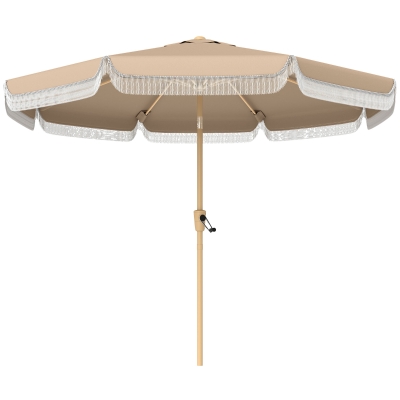 Outsunny Sombrilla de Jardín Ø266x238 cm con Ángulo Ajustable Manivela y Toldo con Flecos Decorativos para Patio Terraza Caqui
