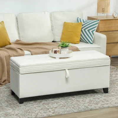 HOMCOM Banco de Almacenaje con 2 Bisagras de Seguridad Tapa Abatible para Dormitorio Salón 120x40x48 cm Crema