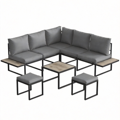 Outsunny Salon Jardin 6 Pers Modulable Bois Coussins 10cm Gris
