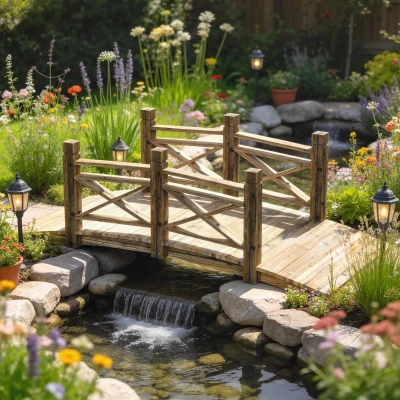 Outsunny Holzbrücke mit Geländer Gartenbrücke aus Tannenholz Teichbrücke mit Antik-Optik, begehbar 174 x 78 x 57,5 cm Verkohlt