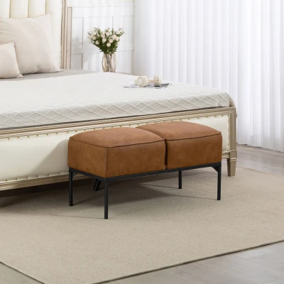 HOMCOM Taburete Pie de Cama Moderno de Cuero Sintético con Asiento Acolchado Grueso y Patas de Acero 80x40x46 cm Marrón