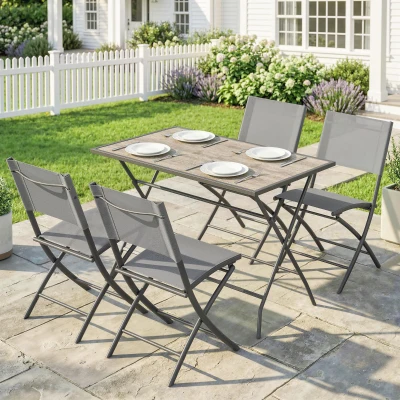 Outsunny Gartenmöbel Set Klappbar Sitzgruppe 5-teilig Tisch mit 4 Atmungsaktiven Stühlen Holzoptik Platzsparend