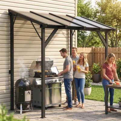 Outsunny Grillpavillon 2,44 x 1,48 m Gartenpavillon mit Pultdach, Gartenlauben mit UV-Schutz 50+ Dunkelgrau