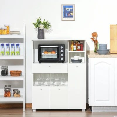 HOMCOM Mueble Auxiliar de Cocina Mueble para Microondas Aparador de Cocina con Cajón Estantes 3 Puertas 3 Compartimientos Diseño Anti-vuelco para Comedor 90x40x120 cm Blanco