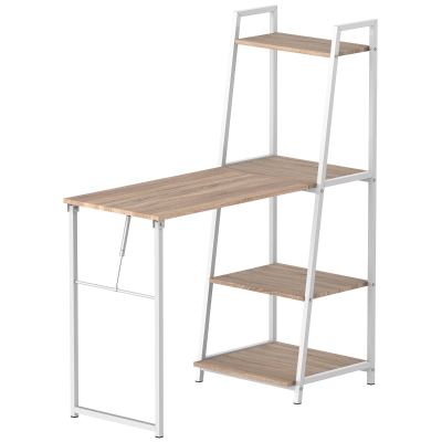 HOMCOM Schreibtisch klappbar mit 4 Tier Bücherregal, Computertisch, Bürotisch, E1 Spanplatte, Metallrahmen, Natur+Weiß, 106 x 48 x 128 cm