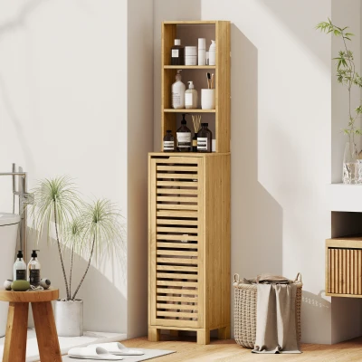 HOMCOM Armario de Baño Alto de Bambú Estrecha con 3 Estantes Abiertos Puerta de Lamas Baldas Ajustables 34x30x170 cm Natural