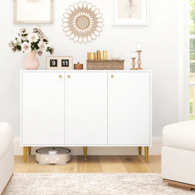 HOMCOM Buffet meuble de rangement avec 2 placard 3 portes étagères ajustables pieds dorés en acier 107 x 35 x 77 cm blanc