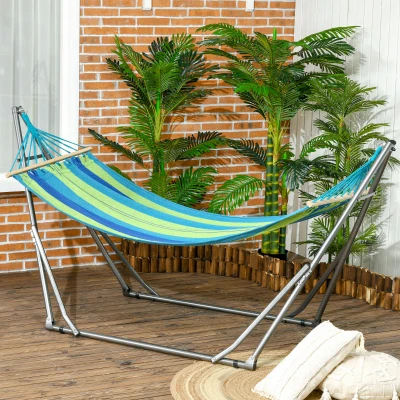 Outsunny Hamaca con Soporte Plegable 2 en 1 Tendedero con Barra Estructura de Acero para Jardín 270x100x94 cm Azul y Verde