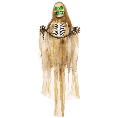 HOMCOM Halloweendekoration, Hängendes Skelett, leuchtender Kopf, unheimliches Heulen, biegsame Arme, Khaki