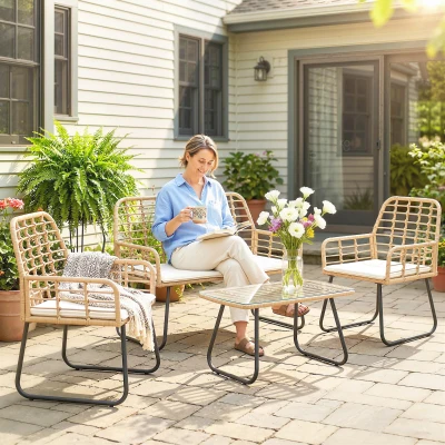 Outsunny 4 Piece Rattan Patio Set with Loveseat & Table