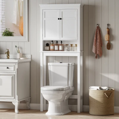 HOMCOM Mueble sobre Inodoro con 2 Puertas Compartimiento y Estante Ajustable Mueble para Baño 70x20x175 cm Blanco