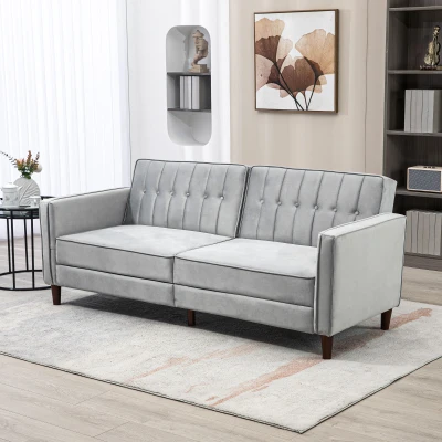 HOMCOM Sofá Cama de 3 Plazas Sofá Cama Convertible de Terciopelo con Respaldo Reclinable y Patas de Madera 189x80,5x78,5cm Gris