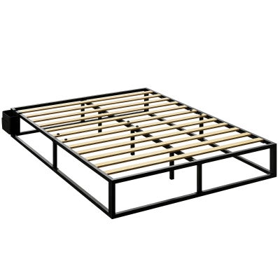 HOMCOM Estructura de Cama 140 x 190 cm con Somier, Cama Doble con Bolsillo de Almacenamiento, Soporte de Lamas de Madera, Negro