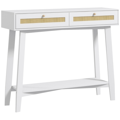 HOMCOM Consola Recibidor Mesa de Entrada con 2 Cajones de Diseño de Ratán y Estante Abierto para Pasillo 100x30x81 cm Blanco
