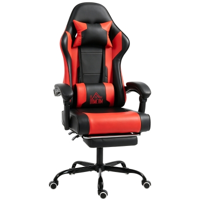 HOMCOM Silla Gamer con Lumbar Masaje Vibración Reclinable 155° Altura Ajustable Reposacabezas y Reposapiés Retráctil Rojo