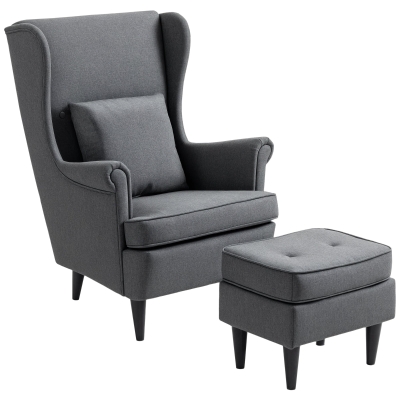 HOMCOM Sillón con Reposapiés Respaldo Alto Capitoné Patas de Madera Almohada Acolchada y Tapizado en Lino Gris