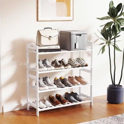 HOMCOM Sapateira de 4 Níveis Estante para Sapatos em Bambu para 12 Pares de Sapatos 67,5x24,7x72 cm Branco