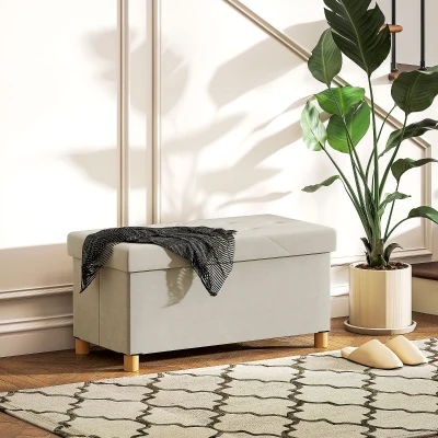HOMCOM Banco Almacenaje Capacidad de 67 L 76x38x38 cm Tapizado en Terciopelo Carga 120 kg para Sala de Estar Dormitorio Crema