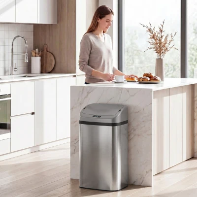 HOMCOM Cubo de Basura Cocina Automático 48 L Sensor Infrarrojo Cierre Automático Antihuellas Acero Inoxidable Plata