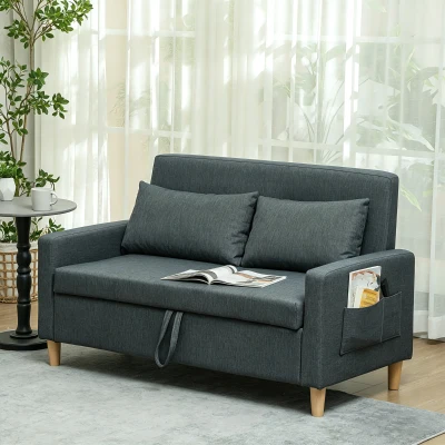 HOMCOM Sofá de 2 Plazas Tapizado en Lino Sintético con Espacio de Almacenaje 2 Almohadas y Patas de Madera 135x71x84 cm Gris