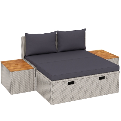Outsunny Polyrattan Sonnenliege für 2 Personen Doppelliege mit Fußhocker Stauraum Auflagen 125x114x72,5 cm Grau